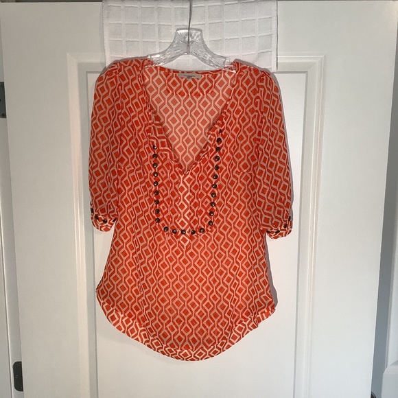 41 Hawthorn Tops - 41 Hawthorn V- Neck Sheer Embellishment Pullover Blouse Orange/Cream Size S